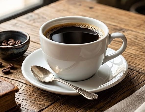 Secangkir kopi hitam di meja kayu EFORIUM